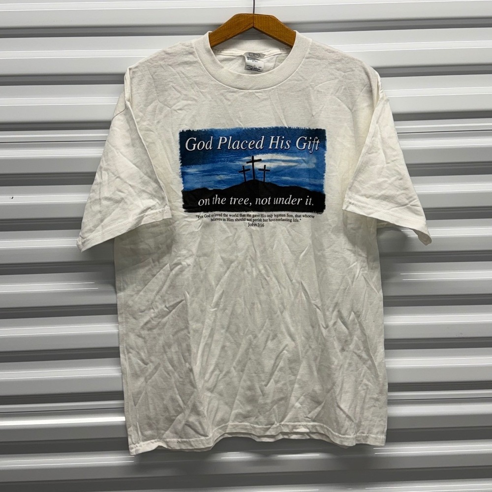 Vintage 2003 God Jesus Religious Bible quote White Mens Large Shirt